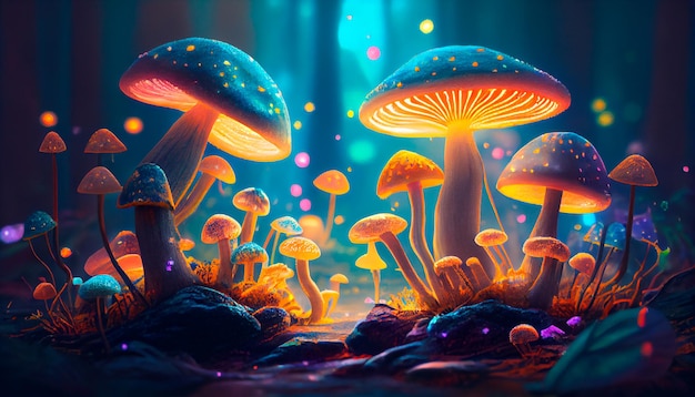 Hongos coloridos que brillan intensamente en un bosque místico IA generativa