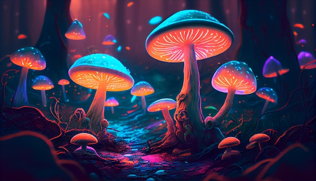 Hongos coloridos que brillan intensamente en un bosque místico IA generativa