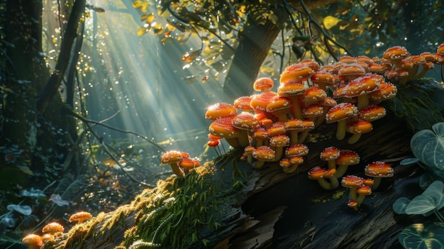 Foto los hongos crecen en un tronco en un denso bosque iluminado por la luz solar manchada que rompe a través del dosel