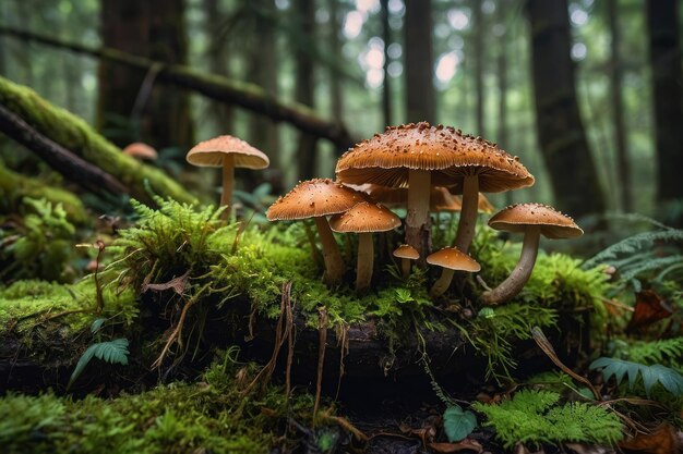 Los hongos luminosos en un tronco de musgo en el bosque