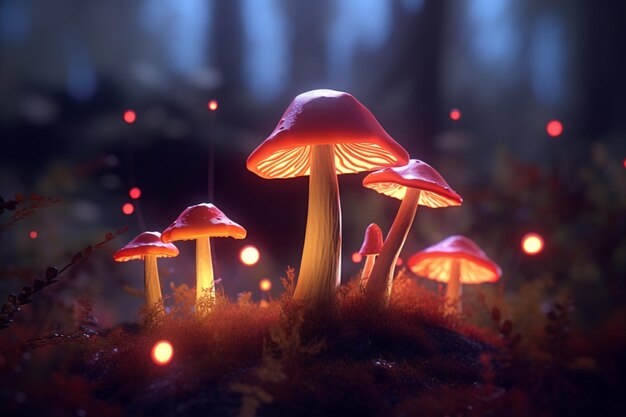 Hongos mágicos en el bosque brillante fantasía brillante generada por IA