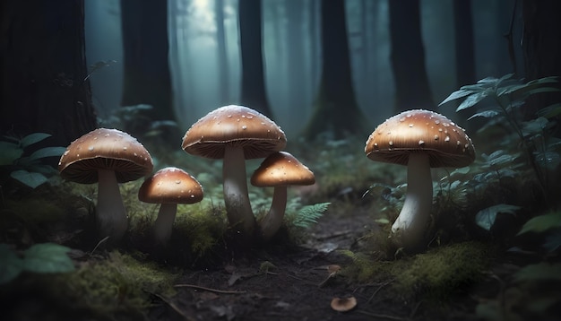 Los hongos mágicos en un bosque oscuro y misterioso