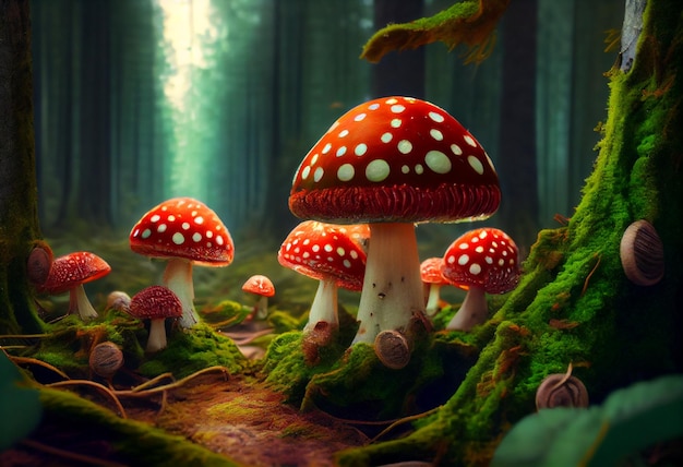 Los hongos mágicos vuelan ágaricos en el bosque un magnífico matorral de bosque fantasía musgo con resplandor