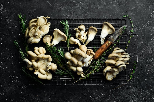 Hongos Maitake orgánicos sobre la mesa en una mesa de piedra negra Vista superior