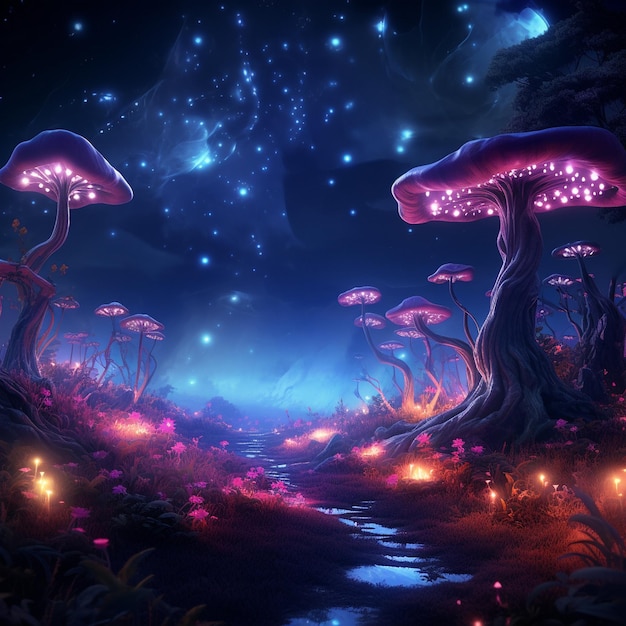 hongos morados en el cielo nocturno