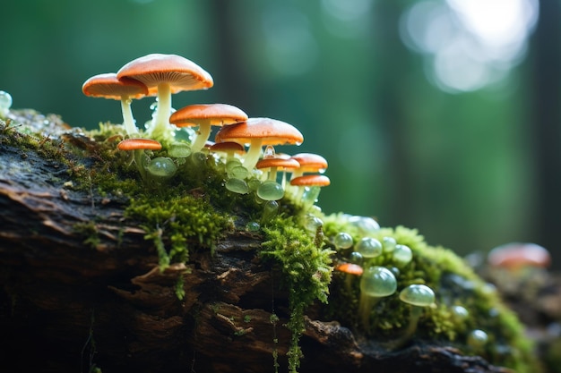 Hongos que crecen en un tronco viejo en la selva tropical Pequeño hongo que crece en la vista lateral de un árbol cubierto de musgo Pequeño hongo que crece en la vista lateral de un árbol cubierto de musgo AI generado