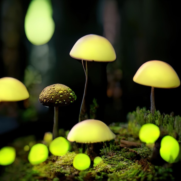 Foto hongos verdes brillantes en el bosque