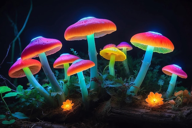 Los hongos vistos con intensas luces de colores brillantes