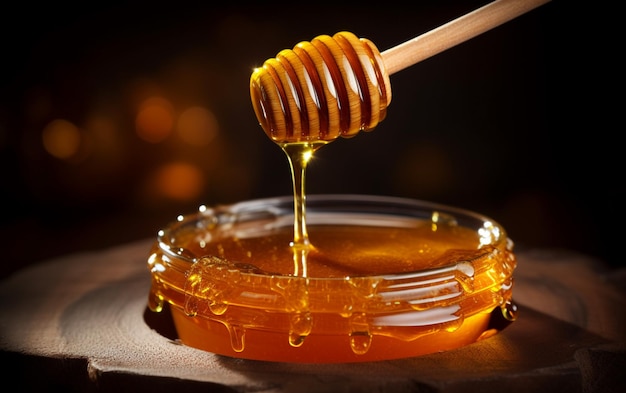 Honig Gesunder, dicker Bio-Honig, der aus dem Honiglöffel in einer Holzschale tropft