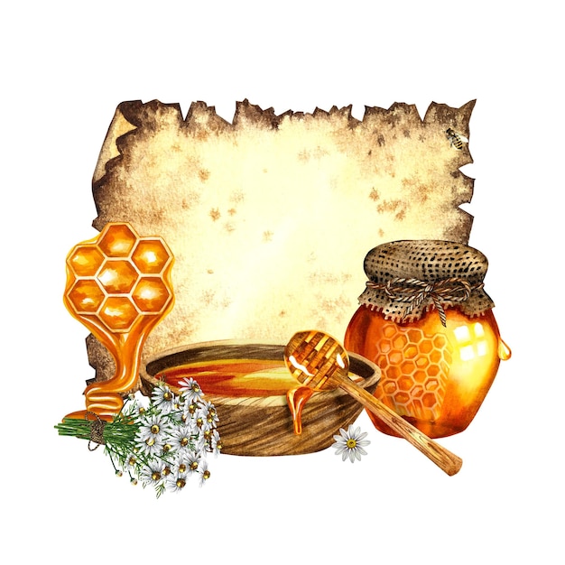 Honig in einem Glaskrug und ein Holzbecher mit einem Honiglöffel Aquarell handgezeichnete Illustration