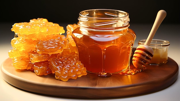 Honig und Honigstock mit Honigkrug auf weißem Hintergrund