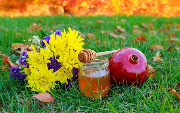 Honigapfel und Granatapfelholztisch über bokeh Hintergrund