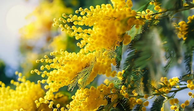 Honigbiene im Flug, lateinischer Name Apish mellifera, sammelt Pollen auf Mimosa oder Acacia dealbata