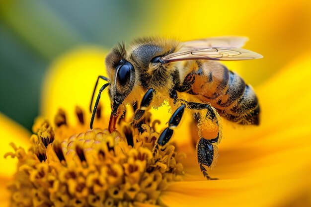 Honigbiene sammelt Pollen aus gelber Blume Makrofoto, das von KI generiert wurde