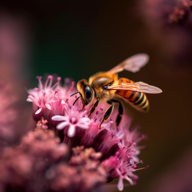 Honigbiene sammelt Pollen und Nektar auf Blütenhonigbiene Makroansicht generative KI