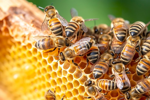Honigbienen auf Waben im Bienenhaus im Sommer Honigbienen kommunizieren miteinander KI-generativ