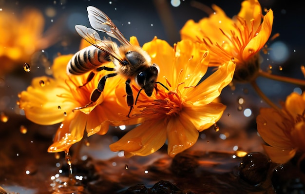 Honigbienen fliegen um eine gelbe Blume herum
