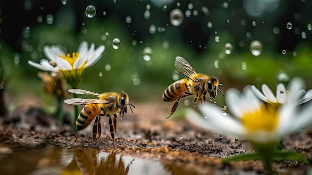 Honigbienen fliegen, um Nektar zu sammeln. Sommerregentropfen auf Hintergrundinsektenmakro-Idee, die von der KI generiert wurde