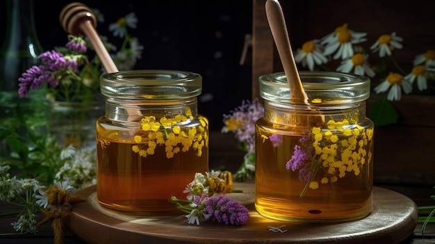 Honiggläser auf Holztisch mit generativen ai Blumen