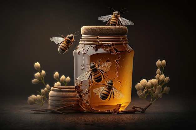 Honigglas und Bienen AI generiert