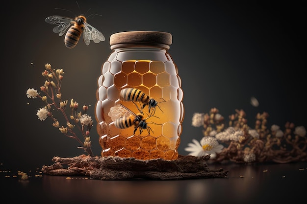 Honigglas und Bienen AI generiert