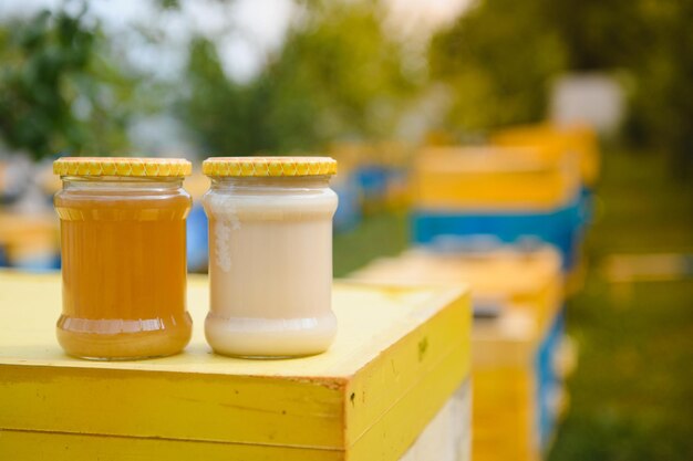 Honigglas und bienenstöcke auf der wiese im frühling imkerei und honigproduktion gesunde und biologische naturkost süßes essen