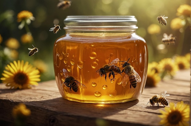 Honigkrug mit Bienen Authentische Szene