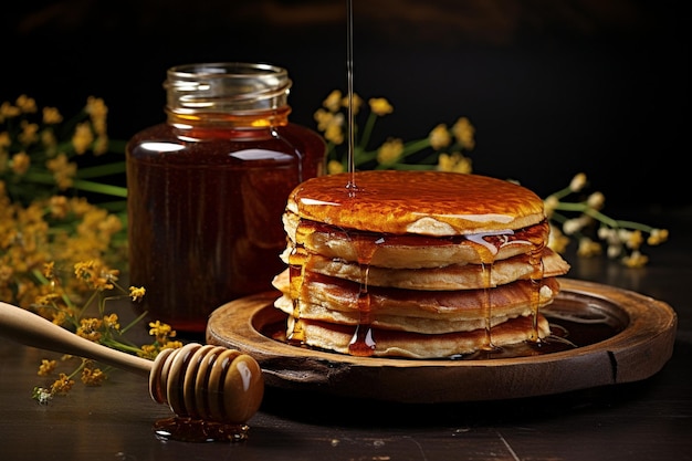 Honigkrug mit einem Krug Nutella und Croissanten