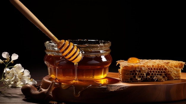 Honigkrug mit Holzkrug und Krug mit frischen Blumen auf einem Holztisch