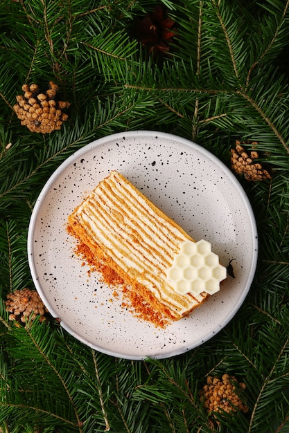 Honigkuchen auf Draufsicht der Keramikplatte. Dessert mit Fichten mit Zapfen