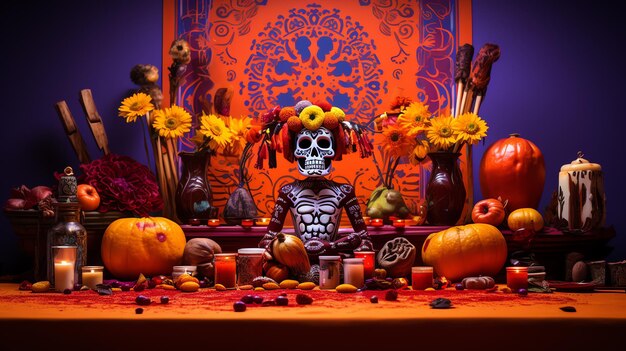 Honrando a los antepasados Decoración vibrante del altar para el Día de los Muertos