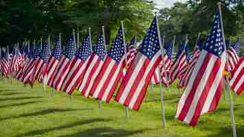 Foto honrando a los héroes las banderas ondean en el día de la memoria concepto día de la memorial banderas americanas tributos patrióticos honrando los hróes celebraciones del día de la memoria