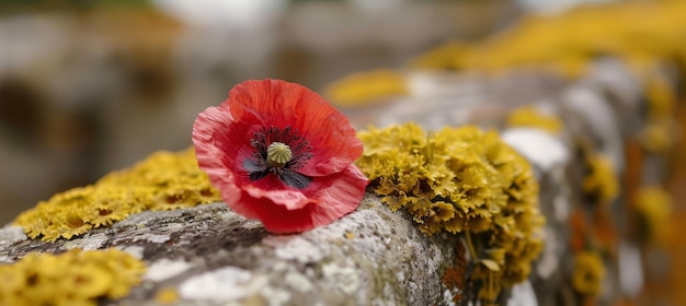 Foto honrando a los héroes caídos con una vista de cerca de una sola amapola roja colocada en un solemne monumento a la guerra