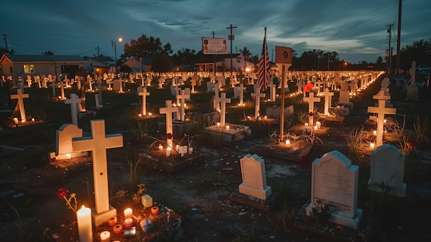 Honrando a los héroes en el Día de la Memoria en un cementerio a la luz de las velas