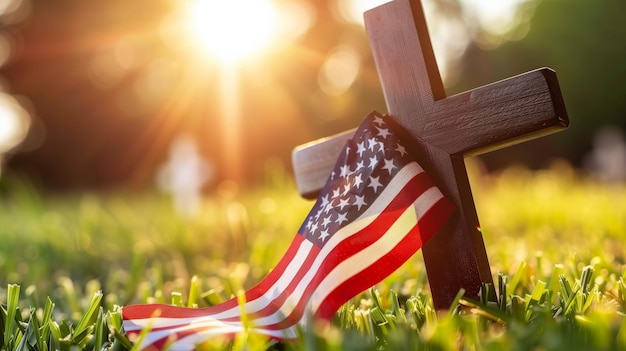 Honrando heróis no Memorial Day com bandeira americana e cruz
