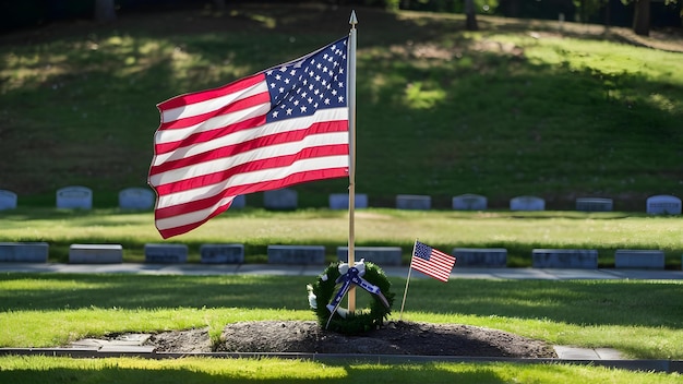Honrar y recordar con la bandera estadounidense en las tumbas Día conmemorativo Tributos Concepto Día conmemorativa Tributos Bandera estadounidense Tributo honrando tumbas Recordando el recuerdo patriótico de los caídos