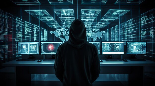 Foto hooded hacker im modernen technologischen überwachungskontrollraum mit digitalen bildschirmen im hintergrund