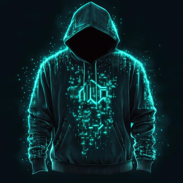 Hooded Hacker in Hoodie mit leuchtendem digitalen Code auf dunklem Hintergrund