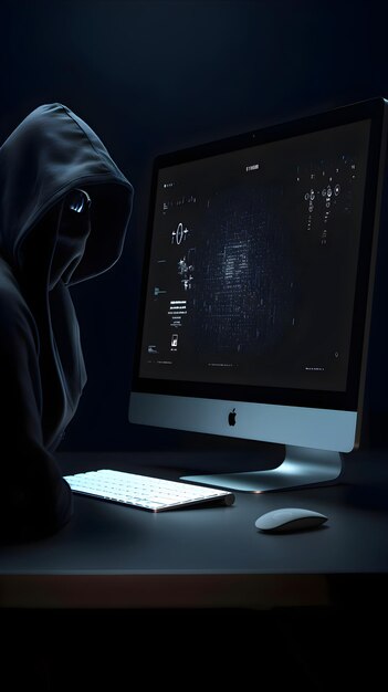 Hooded-Hacker stiehlt Daten von einem Computer 3D-Rendering