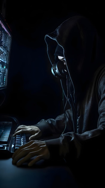 Foto hooded-hacker stiehlt daten von einem computer dunkler hintergrund