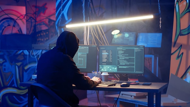 Hooded Hacker verlässt einen neon beleuchteten unterirdischen Schutzraum nach dem Start eines DDoS-Angriffs