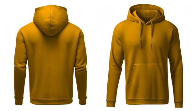 Hoodie amarelo em um fundo branco vista frontal e traseira Generative AI
