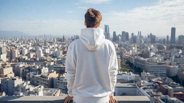 Foto hoodie mockup un niño con una camiseta blanca con capucha con un fondo de la ciudad t-shirt mockup