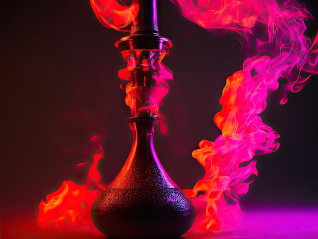 Hookah en humo naranja y rosa sobre fondo negro ai henerative