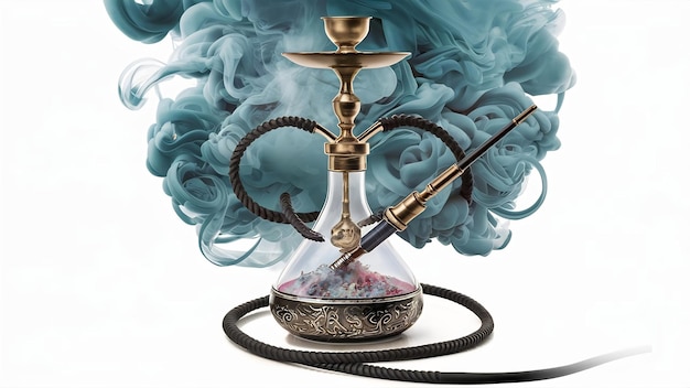 Hookah shisha com frasco de vidro e tigela de metal com fumaça colorida