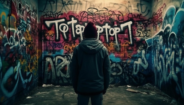 Hooligan encapuzado exercendo rebelião através de vandalismo de arte de rua grunge gerado por IA