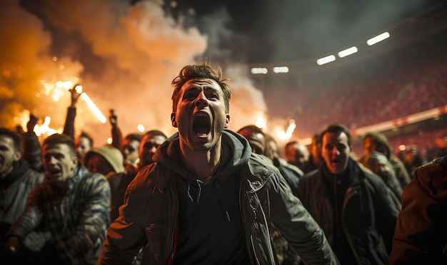 Foto hooligans de fútbol en el juego aficionados al fútbol agresivos gritando y abucheando en la multitud equipo perdedor