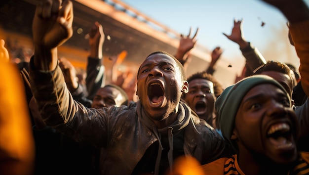 Hooligans de fútbol en el juego aficionados al fútbol agresivos gritando y abucheando en la multitud equipo perdedor