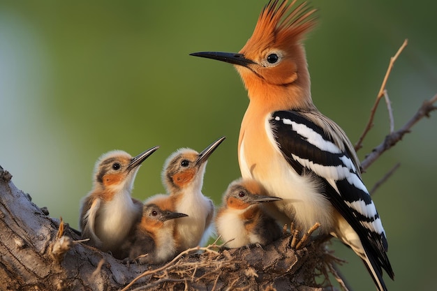 La hoopoe eurasiática Upupa epops con sus polluelos