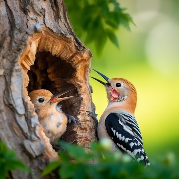 Hoopoe eurasiático upupa epops alimentando filhote dentro da árvore no verão natureza pássaros pequenos comendo